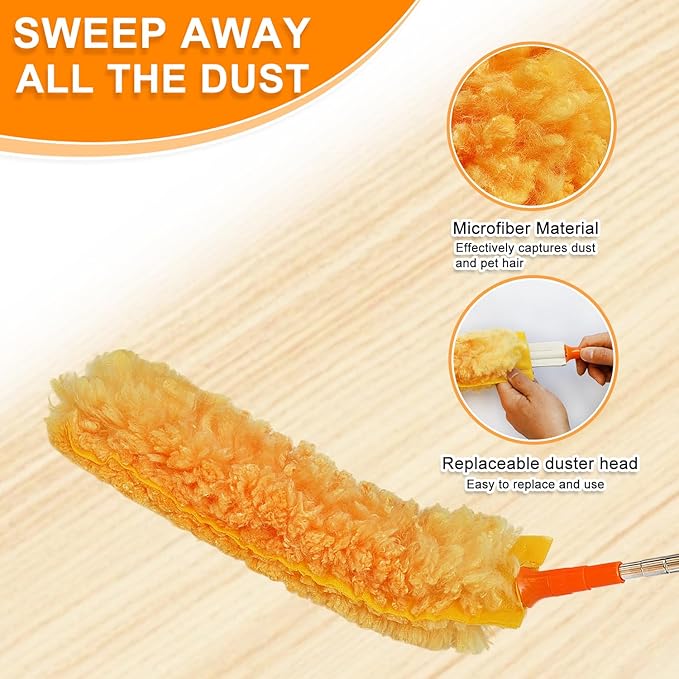100" Reachable Microfiber Feather Duster, Duster with Extension Pole, 3 pcs Replacement Duster Head, Cleaning Tools for High Ceilings and Fans, Blinds, Cars and Furniture