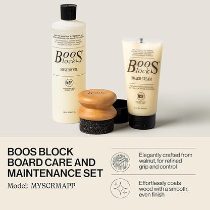 John Boos 3-Piece All-Natural Care & Maintenance Set - 16 oz Mystery Oil, 5 oz Board Cream & Round Applicator for Butcher Blocks, Cutting Boards, Wood Countertops, and Wooden Utensils