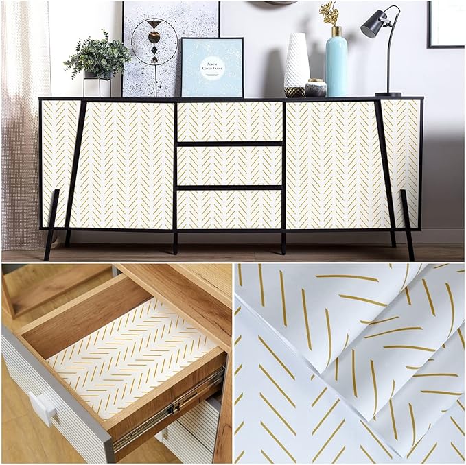 Orainege Yellow and White Peel and Stick Wallpaper Yellow Contact Paper 17.7 in x393.7 in Herringbone Geometric Wall Paper Peel and Stick Modern Lines Decorative Self Adhesive Wallpaper for Bedroom