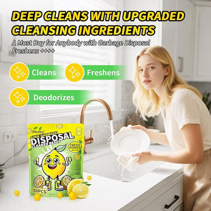 50 Count Garbage Disposal Cleaner and Deodorizer – Sink Odor Eliminator, New Powerful XL Sink Drain Freshener Pods | Dissolves Grease, Eliminates Odors, Lemon Zest Scent