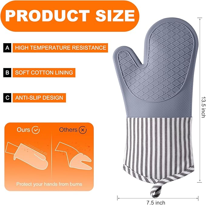 Silicone Oven Mitts, Heat Resistant Oven Gloves with Quilted Liner, Waterproof & Non-Slip Kitchen Mittens for Baking Cooking BBQ, 500°F, 13.5" Nordic Grey