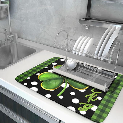 St. Patrick's Day Dish Drying Mats 18x24 Inch Green Clover Shamrock Lucky Kitchen Mat Polka Dot Microfiber Drying Mats Ultra Absorbent Reversible Dishes Drying Rack Pad for Kitchen Countertops