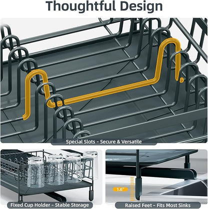 Urackify Large Dish Drying Rack, Expandable Dish Racks for Kitchen Counter, Multifunctional Dish Drainer with Utensil Holder & Cup Holder, 18.5"-26.7" L x 12.7" W, Dark Slate Gray