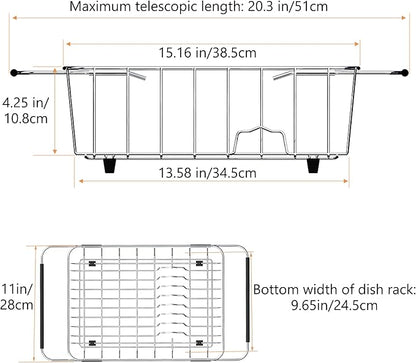 NiuYichee Stainless Steel Dish Drying Rack(15.2"L X 11"W X 5.3"H), Expandable Fruit & Vegetable Drain Rack over Sink, Dish Drainer Rack in Sink, with Stainless Steel Utensil Holder & Silicone Mat(16")
