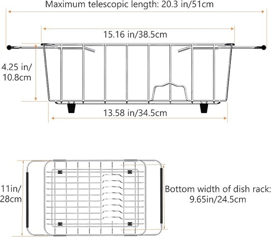 NiuYichee Stainless Steel Dish Drying Rack(15.2"L X 11"W X 5.3"H), Expandable Fruit & Vegetable Drain Rack over Sink, Dish Drainer Rack in Sink, with Stainless Steel Utensil Holder & Silicone Mat(16")