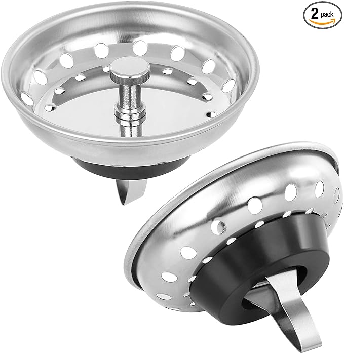 2PCS Kitchen Sink Strainer Stopper 2 in 1, Spring Clip Plunger, Replacement for Standard Drains(3-1/2 Inch), Chrome Plated Stainless Steel Body with Rubber Stopper