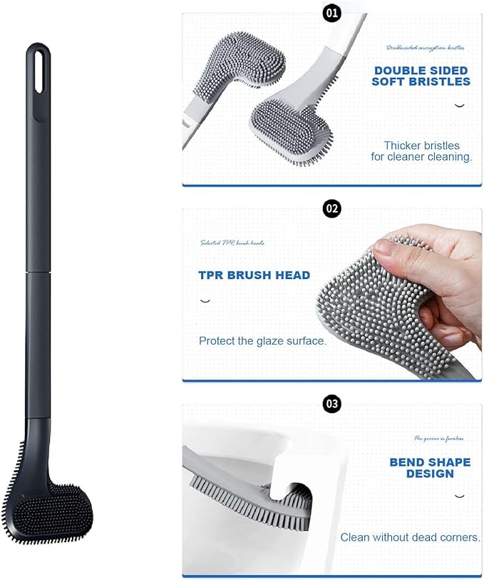 Toilet Brush, Long Handle Golf Toilet Brush with Holder 360° Deep Cleaning Flexible Silicone Toilet Cleaner Brush Wall Mounted for Bathroom (2Pcs Black)