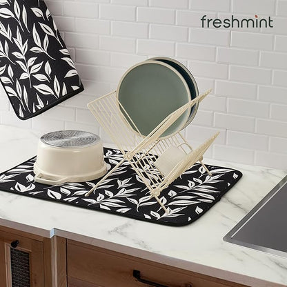 FRESHMINT Printed Dish Drying Mats for Kitchen Counter 2 Pack Absorbent Reversible Drying Mats Microfiber Kitchen Countertop Protector Dishes Drying Pad Extra Large 18"x24" Dish Mat