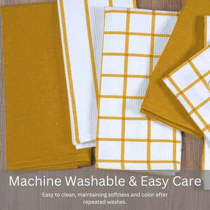 Assorted Waffle Kitchen Towels 100% Cotton Set of 6 - Heavy Duty 320 GSM Quality Dish Cloths Towel - Soft Absorbent Washable for Kitchen Use -Quick Drying Dish Towel 16x26 Mustard Yellow