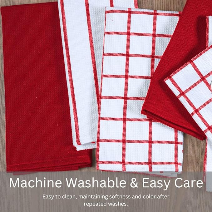 Assorted Waffle Kitchen Towels 100% Cotton Set of 6 - Heavy Duty 320 GSM Quality Dish Cloths - Soft Absorbent Washable for Kitchen Use - Quick Drying Dish Towel 16x26 inch Red