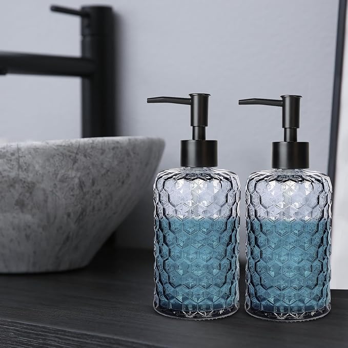 Clear Charcoal Blue Glass Soap Dispenser with Pump, 16oz Honeycombed Design Hand Soap Dispenser, Refillable Lotion & Dish for Dishwashing Liquid, Lotion