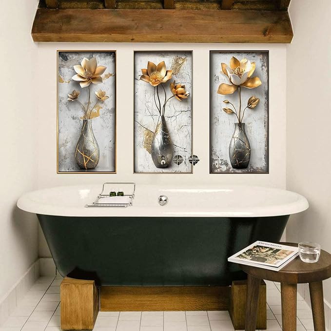 Runtoo 3D Flower Wall Art Stickers Gold Floral Vase Wall Decals Peel and Stick Living Room Bedroom Office Home Decor