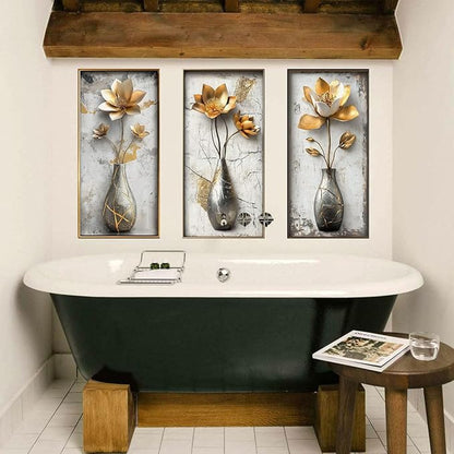 Runtoo 3D Flower Wall Art Stickers Gold Floral Vase Wall Decals Peel and Stick Living Room Bedroom Office Home Decor