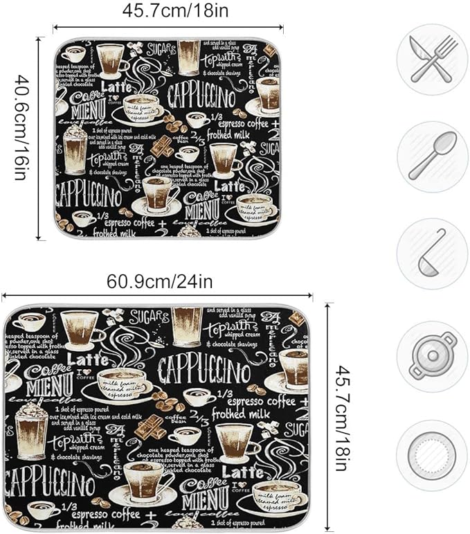 Coffee Black Dish Drying Mat for Kitchen Coffee Beans Maker Cappuccino Latte Chocolate Microfiber Drying Mats Absorbent Reversible Dish Pad Medium Dish Draining Mat 16x18 inch