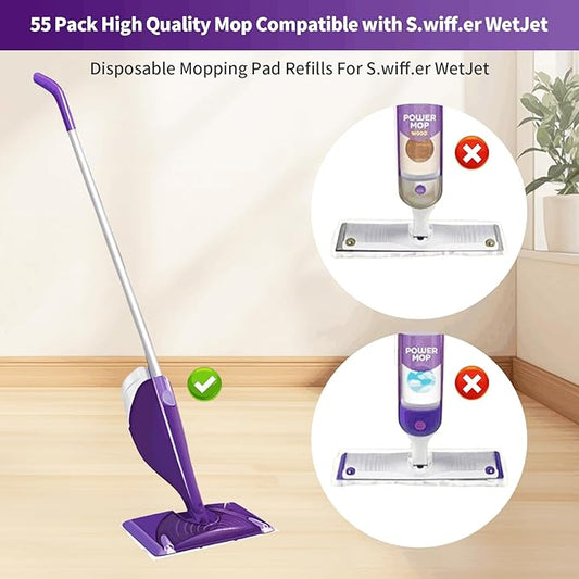 55 Count Wet Jet Pads Refills Compatible with Swiffer WetJet, Disposable Mop Pads for Multi-Surface Floors, Thick & Super Absorbent Wet Mop Refills for Hardwood, Tile, Laminate Cleaning