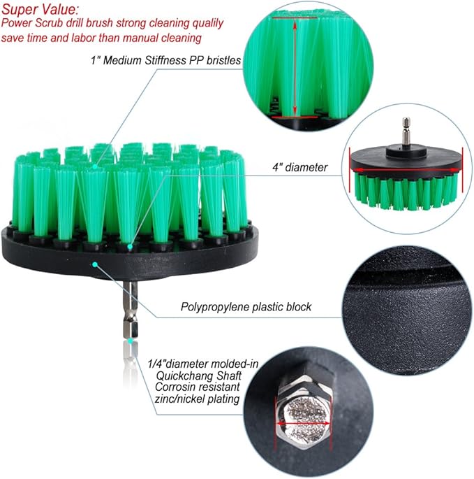 HIFROM Drill Brush - 4 inch Power Drill Attachment Medium Duty Scrubbing Stiffness Scrub Cleaning Brush for Bathroom Surfaces Tile Grout Showers Hard Water Stains Rust Mineral Marble Grout