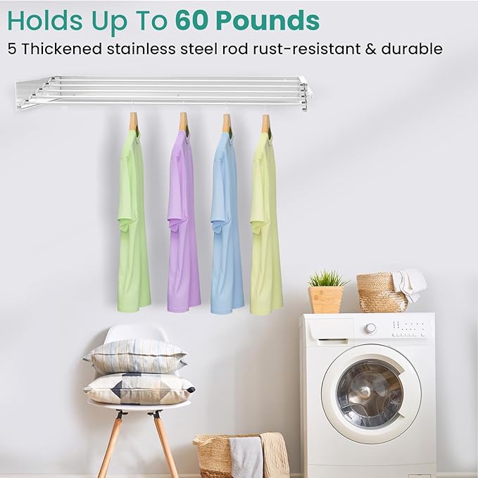 Upgrade 6 Knob Hooks Laundry Drying Rack Clothing, Wall Mounted Clothes Drying Rack 40" Wide, Large Foldable Collapsible Laundry Racks for Drying Clothes with Wall Template, 5 Aluminum Rods