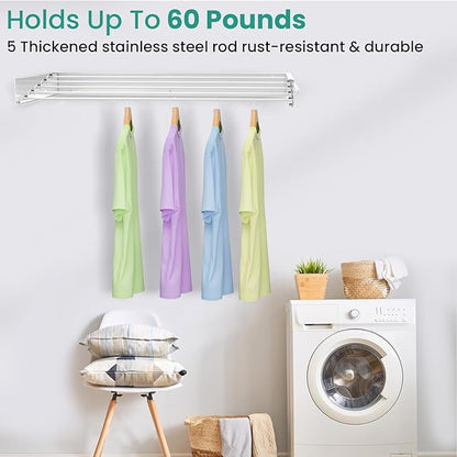 Upgrade 6 Knob Hooks Laundry Drying Rack Clothing, Wall Mounted Clothes Drying Rack 40" Wide, Large Foldable Collapsible Laundry Racks for Drying Clothes with Wall Template, 5 Aluminum Rods