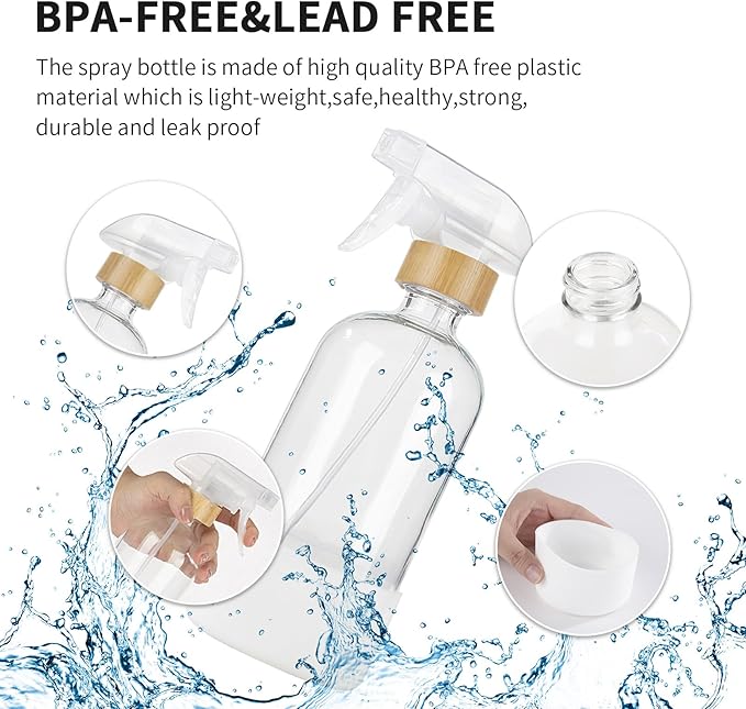 HOMBYS Empty Bamboo Glass Spray Bottles with Silicone Sleeve Protection - Refillable 17 oz Clear Glass Containers for Cleaning Solutions, Essential Oils, Misting Plants - Quality Sprayer - 3 Pack