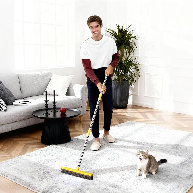 Rubber Broom for Pet Hair Removal, Carpet rake with Squeegee for Cleaning Pet Hair, 52 inch Long Handle Rubber Broom,Dual-Sided for Small Fluff Carpet, Hardwood Floor, Tile,Orange