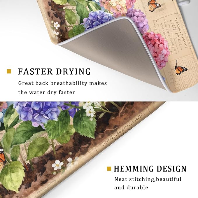 Vintage Flowers Dish Drying Mat Large 24 X18 Hydrangea Microfiber Drying Matt Kitchen Counter