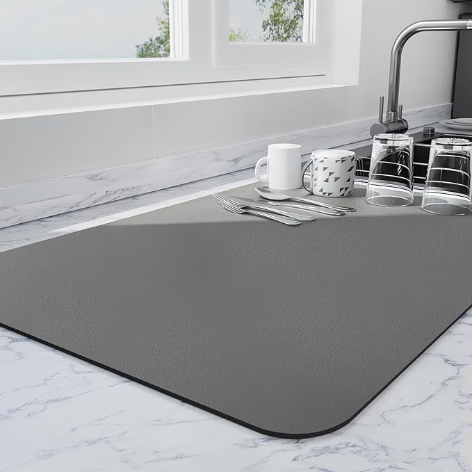 Ecotrim - Dish Drying Mat for Kitchen Counter | Coffee Bar Mat for Countertops | Heat Resistant Drainer Mat with Non-slip Rubber Backed | Hide Stain Kitchen Absorbent Draining Mat | Dark Grey 18"x24"