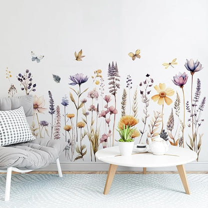 Wildflower Wall Decals Wall Decor Boho Flower Stickers, Dandelion Grass Wall Art Murals, 3D Flower Pattern Self-Adhesive Wall Stickers for Girls Bedroom Living Room Nursery Decor