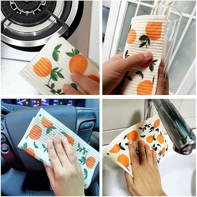 Swedish Dishcloth Reusable Kitchen Dish Towels Absorben and Fast Dry Cleaning Cloths Set of 4 No Odor Wipes (Orange)