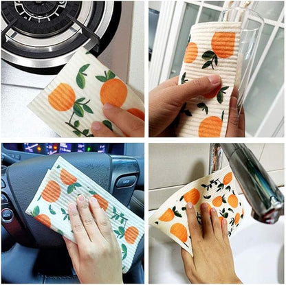 Swedish Dishcloth Reusable Kitchen Dish Towels Absorben and Fast Dry Cleaning Cloths Set of 4 No Odor Wipes (Orange)