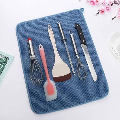 2 Pack Dish Drying Mat for Kitchen Counter, 12"x16" Microfiber Absorbent Dish Drainer Mat with Hanging Loop, Non-Slip Dish Drying Pad for Countertops Sinks, Washable, Reusable, Blue