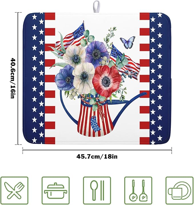 American Flag 4th of July Dish Drying Mats for Kitchen Counter Patriotic Flowers Dry Dishes Pads 16x18 Inch Microfiber Absorbent Independence Day Drainer Pad Tableware Mats Protector for Countertops
