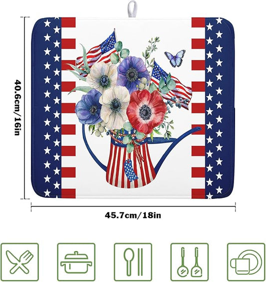 American Flag 4th of July Dish Drying Mats for Kitchen Counter Patriotic Flowers Dry Dishes Pads 16x18 Inch Microfiber Absorbent Independence Day Drainer Pad Tableware Mats Protector for Countertops