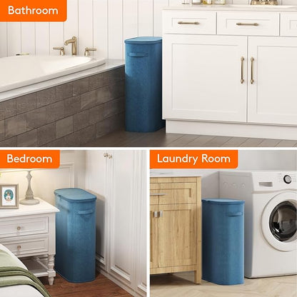 Lifewit 65L Slim Laundry Basket with Lid, Narrow Large Laundry Hamper with Plastic Handles and Removable Bag, Tall Foldable Dirty Clothes Hampers for Laundry Room, Bedroom, Bathroom, Dorm, Dark Blue