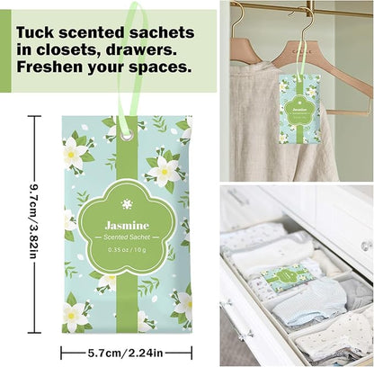SCENTORINI Scented Sachets for Drawers and Closets, Jasmine Scent 14 Pack, Long-Lasting Sachets Bags Wardrobe Freshener for Cupboard, Shoecase, Gym Bags, Suitcases