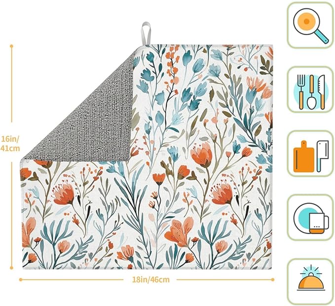 Teal and Orange Floral Dish Drying Mat for Kitchen Counter, Absorbent Microfiber Drying Pad for Dishes, Washable Foldable Burnt Orange Teal Kitchen Mat for Countertop Sink, Boho Home Decor, 16" x 18"