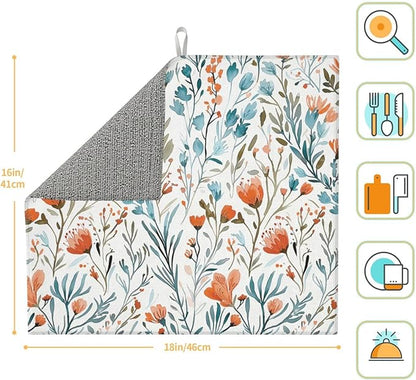 Teal and Orange Floral Dish Drying Mat for Kitchen Counter, Absorbent Microfiber Drying Pad for Dishes, Washable Foldable Burnt Orange Teal Kitchen Mat for Countertop Sink, Boho Home Decor, 16" x 18"