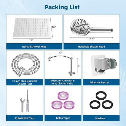 Hibbent All Metal cUPC Certified Shower Head, 12'' High Pressure Rainfall Shower Head, Handheld Showerhead Combo with 16'' Adjustable Extension Arm, 10 Sprays, 71'' Hose, Showerhead Holder, Chrome