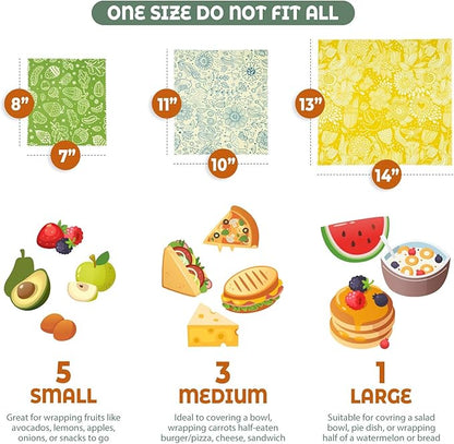 Akeeko Reusable Beeswax Food Wraps - Assorted 9 Packs, Reusable, Plastic-Free Food Storage, 5 Small, 3 Medium, 1 Large Wraps with Plants Pattern
