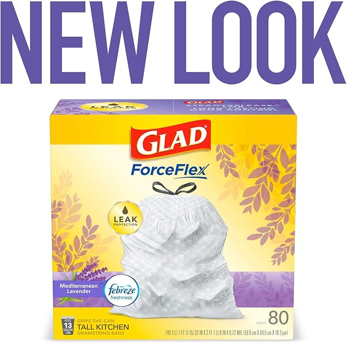 Glad ForceFlex Tall Kitchen Trash Bags, 13 Gallon, Gain Lavender, 80 Count (Package May Vary)