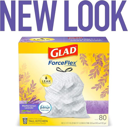 Glad ForceFlex Tall Kitchen Trash Bags, 13 Gallon, Gain Lavender, 80 Count (Package May Vary)