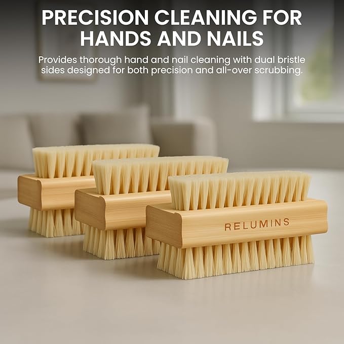 Relumins Dual Sided Nail Brush Bamboo Handle Bristle Exfoliating Tool for Hand Foot Care Grooming Travel Hygiene Use - 3 PC Set