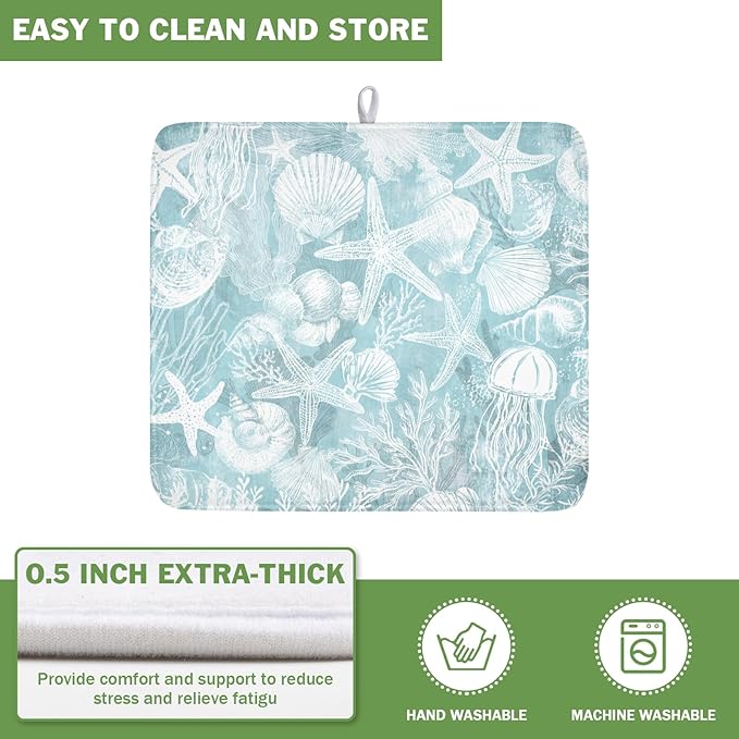 Summer Sea Shell Drying Mat 18x16 Inch, Teal Starfish Drying Mat with Absorbent Reversible Microfiber, Coastal Dish Drainer Mats Holiday Ocean Rack Pad for Coffee Countertop Kitchen Protector