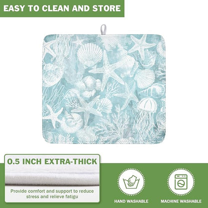 Summer Sea Shell Drying Mat 18x16 Inch, Teal Starfish Drying Mat with Absorbent Reversible Microfiber, Coastal Dish Drainer Mats Holiday Ocean Rack Pad for Coffee Countertop Kitchen Protector