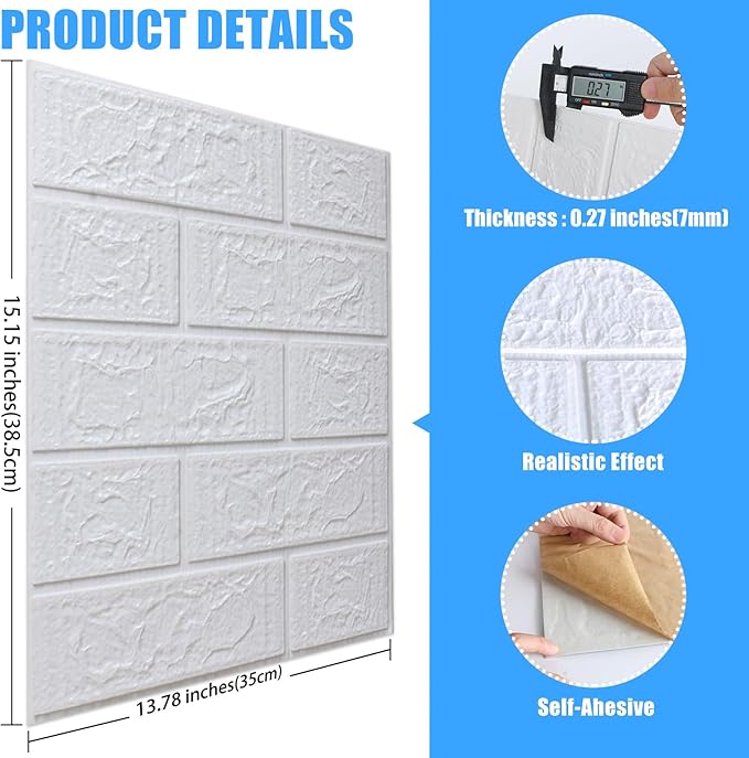 30 Pack 3D Wall Panels Peel and Stick, Waterproof Foam Stone 3D Wallpaper, Self Adhesive Foam Wallpaper for Bedroom Bathroom Kitchen (13.7 * 15.1in)