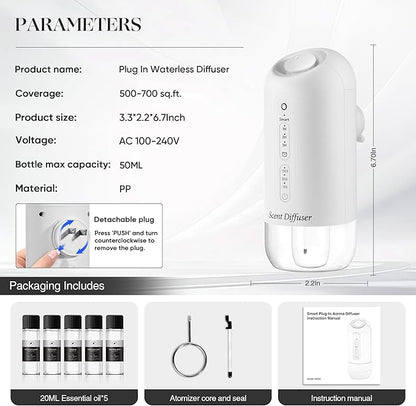 Plug in Diffuser Starter Kit - Waterless Scent Diffuser with 5 Essential Oils, 700 Sq Ft Coverage, Smart Wall Design, Cold-Air Mist, 3 Mist Levels & Blue Ambient Light for Home or Small Spaces, White