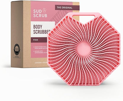 Sud Scrub® Antimicrobial Silicone Body Scrubber, Exfoliating Body Brush for Sensitive Skin, Antibacterial Shower Scrubber for Body, Bathroom Essentials for Men & Women, Pink