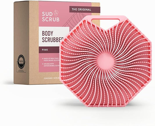 Sud Scrub® Antimicrobial Silicone Body Scrubber, Exfoliating Body Brush for Sensitive Skin, Antibacterial Shower Scrubber for Body, Bathroom Essentials for Men & Women, Pink