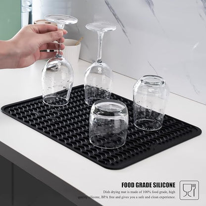 Silicone Dish Drying Mat, Non-Slip Easy Clean Sink Mat Large Heat-resistant Dish Drainer Mat for Kitchen Counter, Sink, Refrigerator or Drawer liner (18" x 16", BLACK)