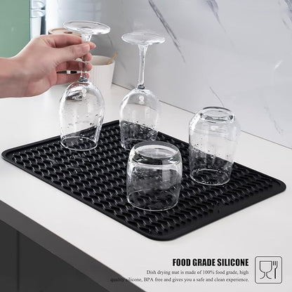 Large 24" x 18" Silicone Dish Drying Mat for Kitchen Counter, Easy clean, Quick Dry, Heat-resistant Dish Drainer Mat for Sink,Refrigerator or Drawer liner (Food Grade Silicone-Black)