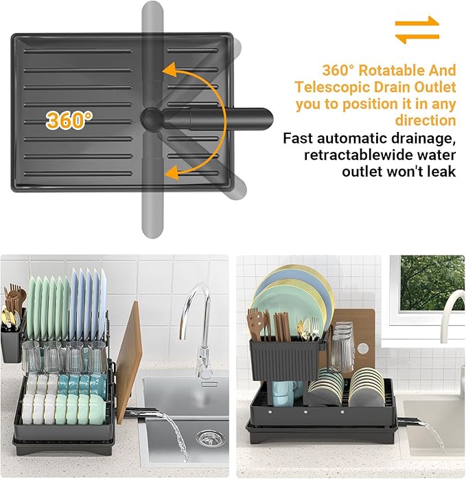 Large Dish Drying Rack 2 Tier for Kitchen Counter, Anti-Rust Metal Dish Rack with Lock & Lift System & Retractable Auto-Drain Spout, Escurridor de Platos with Cutting Board and Utensil Holder